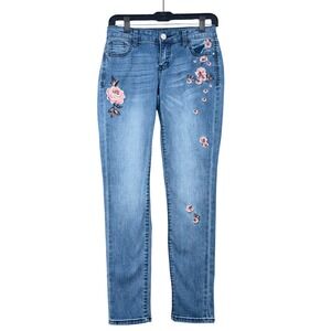 Tinseltown Womens Floral Embroidered Skinny Jeans Medium Wash Blue Size 3